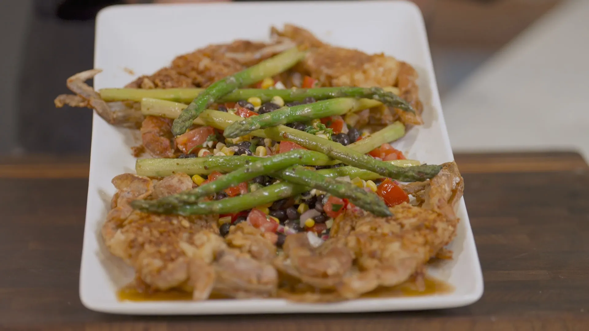 Soft Shell Crabs with Black Bean Corn Salsa and Grilled Asparagus