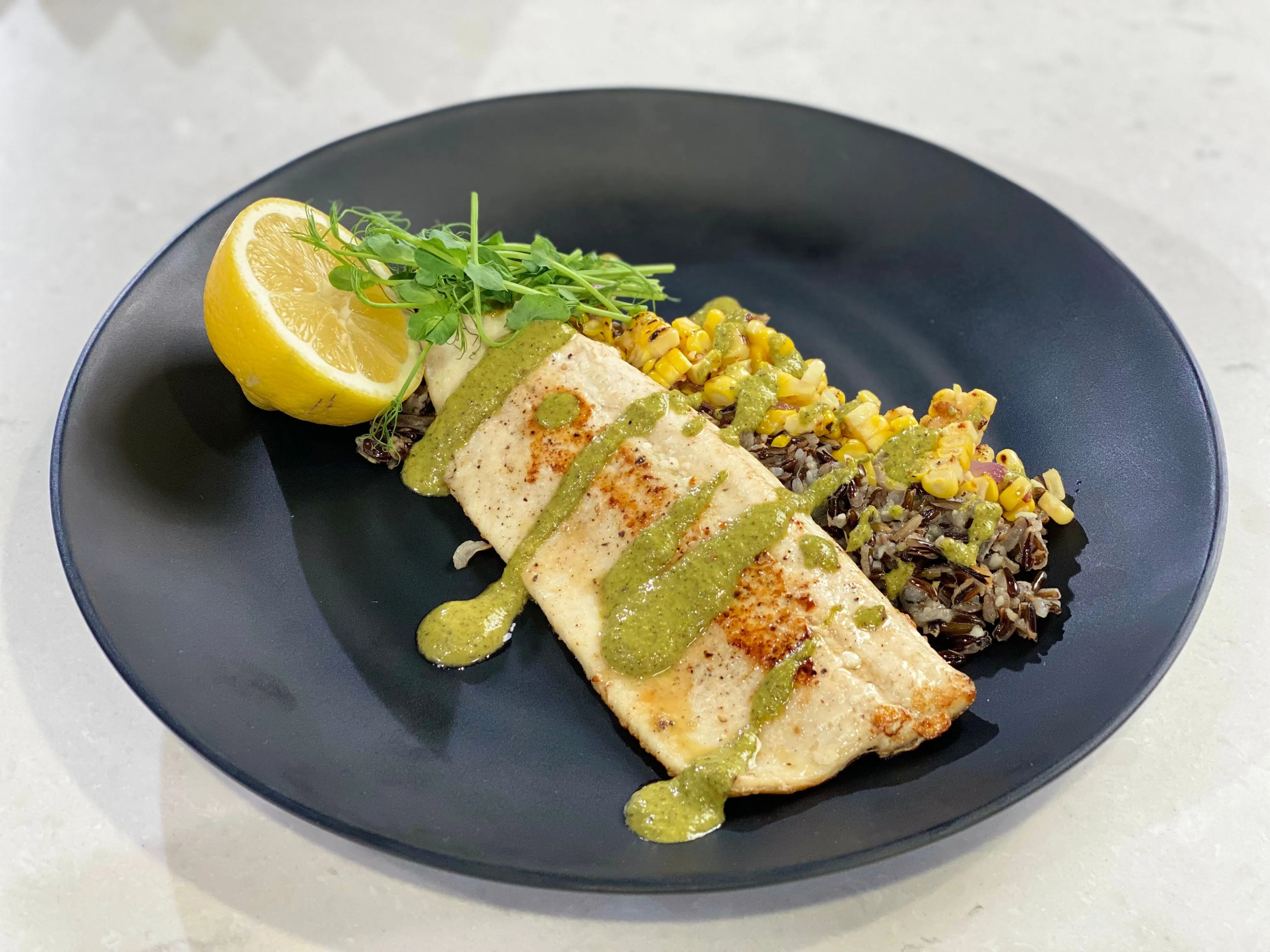 Seared Trout  with Wild Rice and Grilled Corn