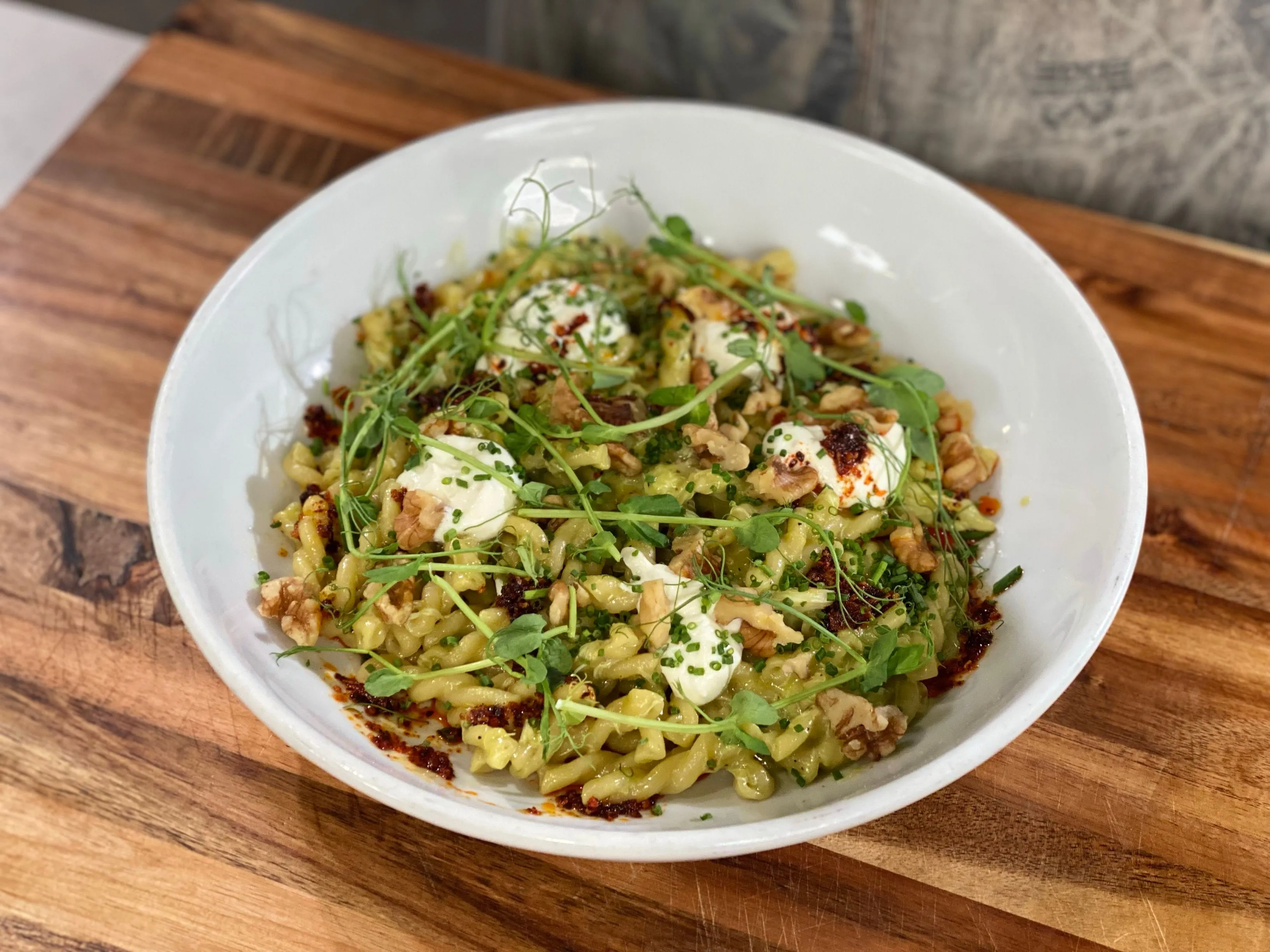 Crab Gemelli in Scallion Cream Sauce with Lemon Ricotta and Chili Crunch