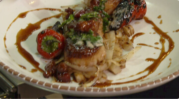 Seared scallops with sunchokes, onions, and bacon